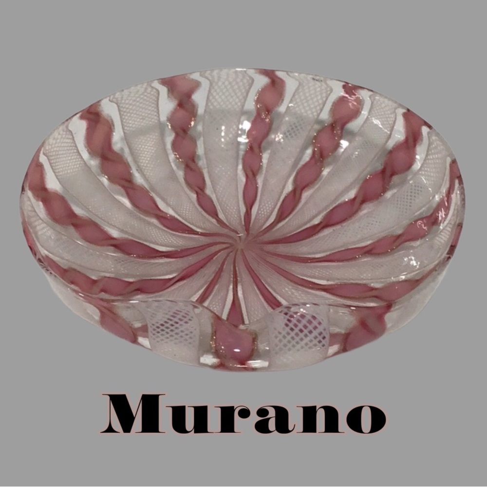Murano Italy Pink Ribbon Cane White. Zanfirico Filigree Latticino Art Glass, Vtg